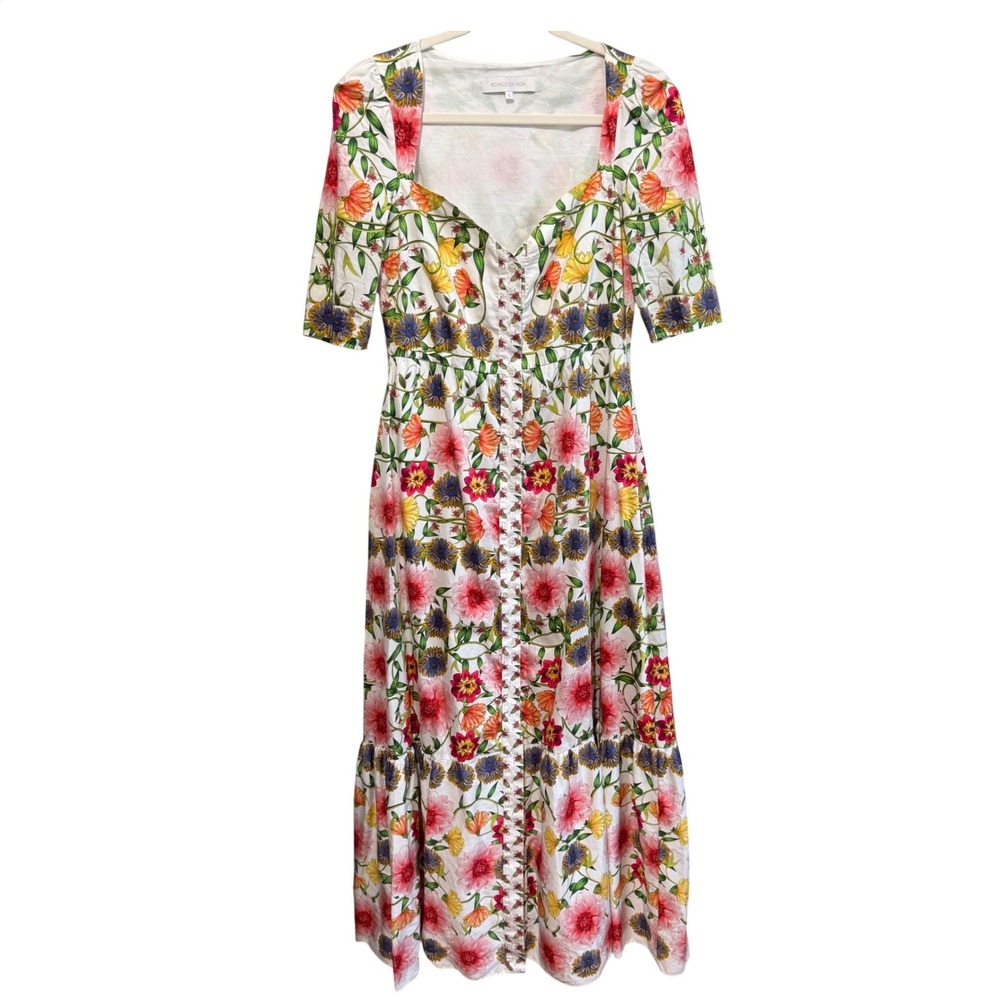 Borgo de Nor Floral Midi Dress Size 8 Excellent Full Button Front Short Sleeve